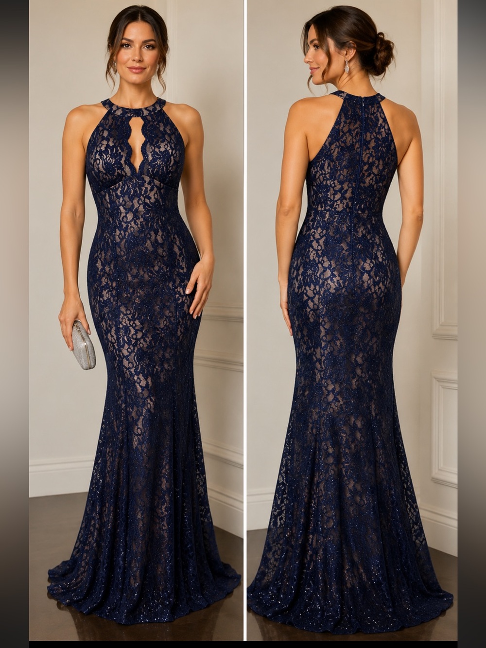 R&M Richards Navy Glitter Lace Mermaid Gown Formal Evening Dress Gala Holiday 12